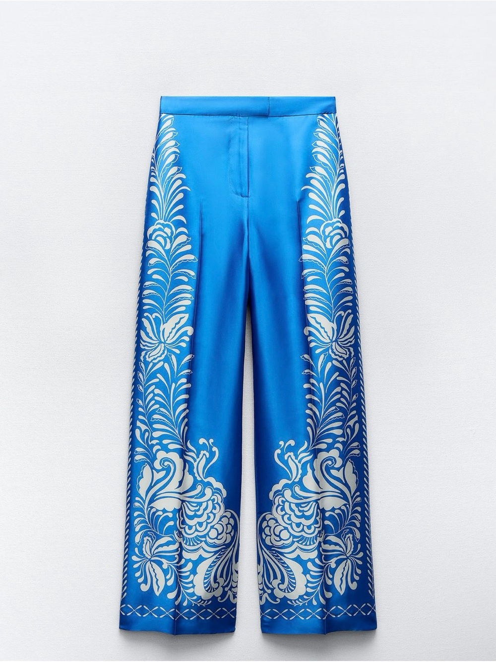 Zara Blue Wide-Leg Satin Pants with White Floral Print